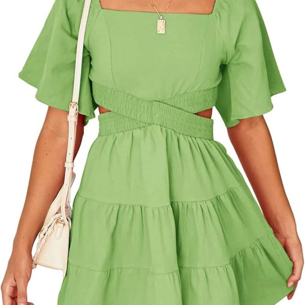 Shy Velvet Green Summer Dress Square Neck Short Sleeves Crossover Waist Sz XL